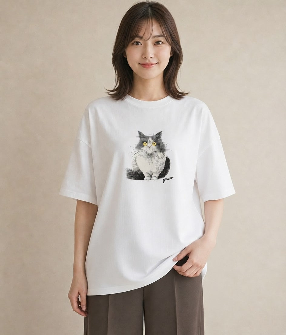 グラフィックTシャツ レディース 猫 ねこ イラスト ミニマル ルームウェア ギフト 白T YMAZO