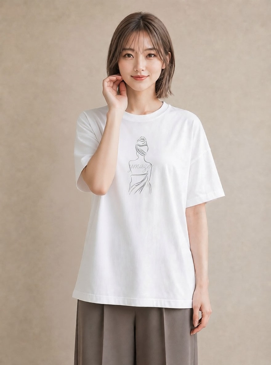 Tシャツ レディース 女の子 ガール 後ろ姿 イラスト ゆるコーデ 買い物 夏コーデ 白T YMAZO