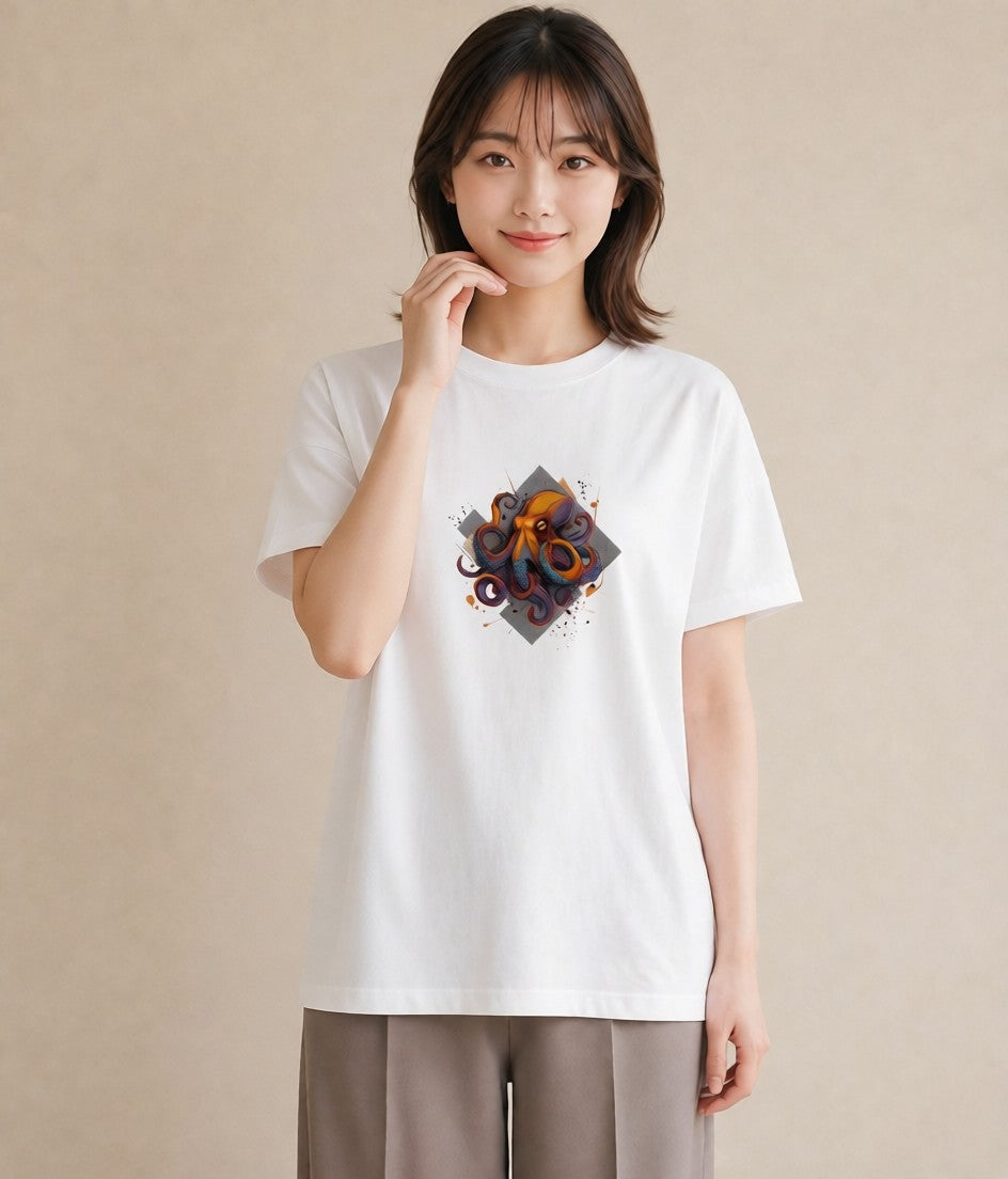 デザインTシャツ レディース イカ 海の生き物 海 イラスト シック カフェ巡り 女子会 白T YMAZO