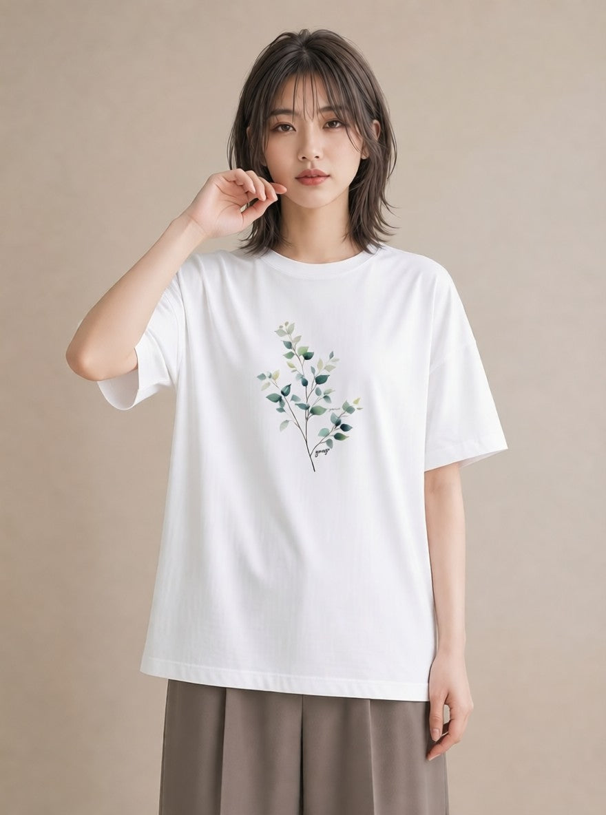 Tシャツ レディース 新緑 植物 ボタニカル イラスト ゆるコーデ カフェ巡り 女子会 白T YMAZO