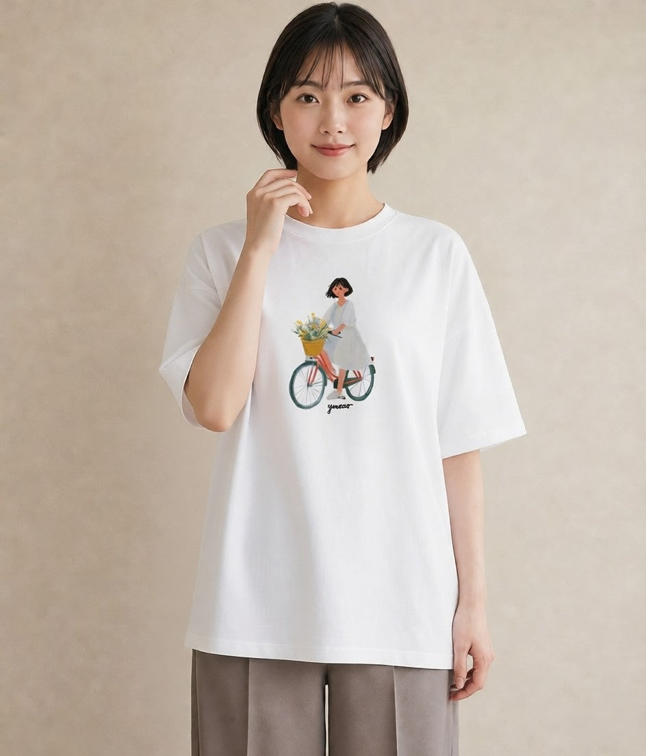 プリントTシャツ レディース 自転車のかご 自転車 花かご ナチュラル アンティーク イラスト きれいめカジュアル 姉妹 送別ギフト 白T YMAZO