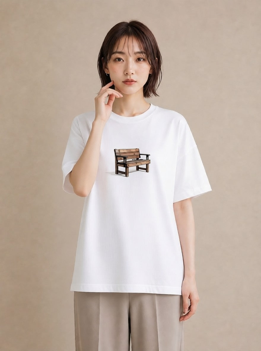 Tシャツ レディース 雨上がりのベンチ ベンチ ナチュラル アンティーク イラスト ポップ 20代 カジュアルコーデ 白T YMAZO