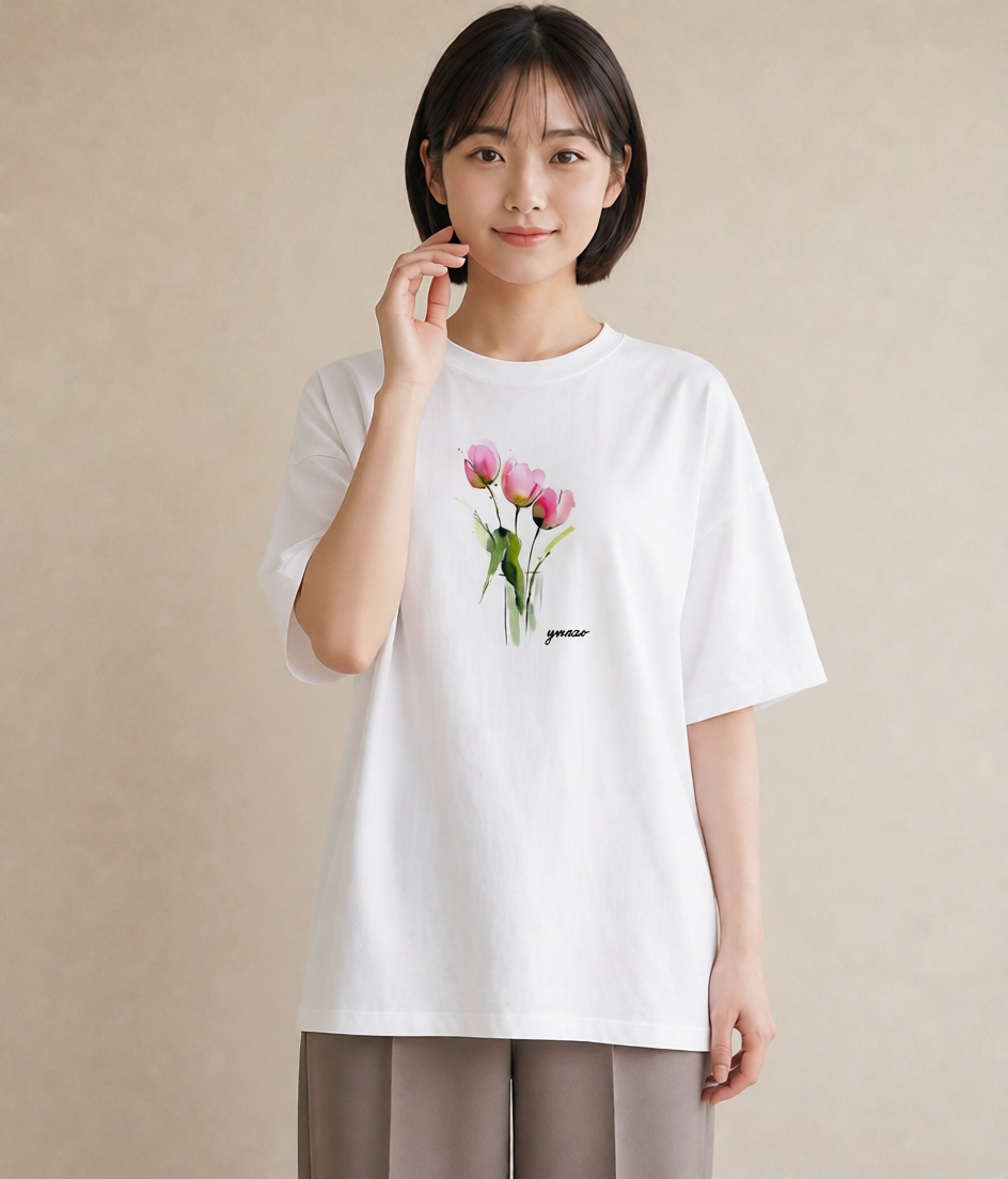デザインTシャツ レディース チューリップ 花 花柄 イラスト 春コーデ 姉妹 白T