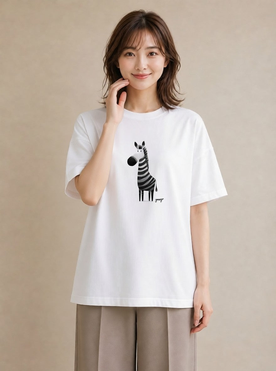 半袖Tシャツ レディース しまうま 動物 アニマル イラスト 個性的 春服 ミセス 白T YMAZO
