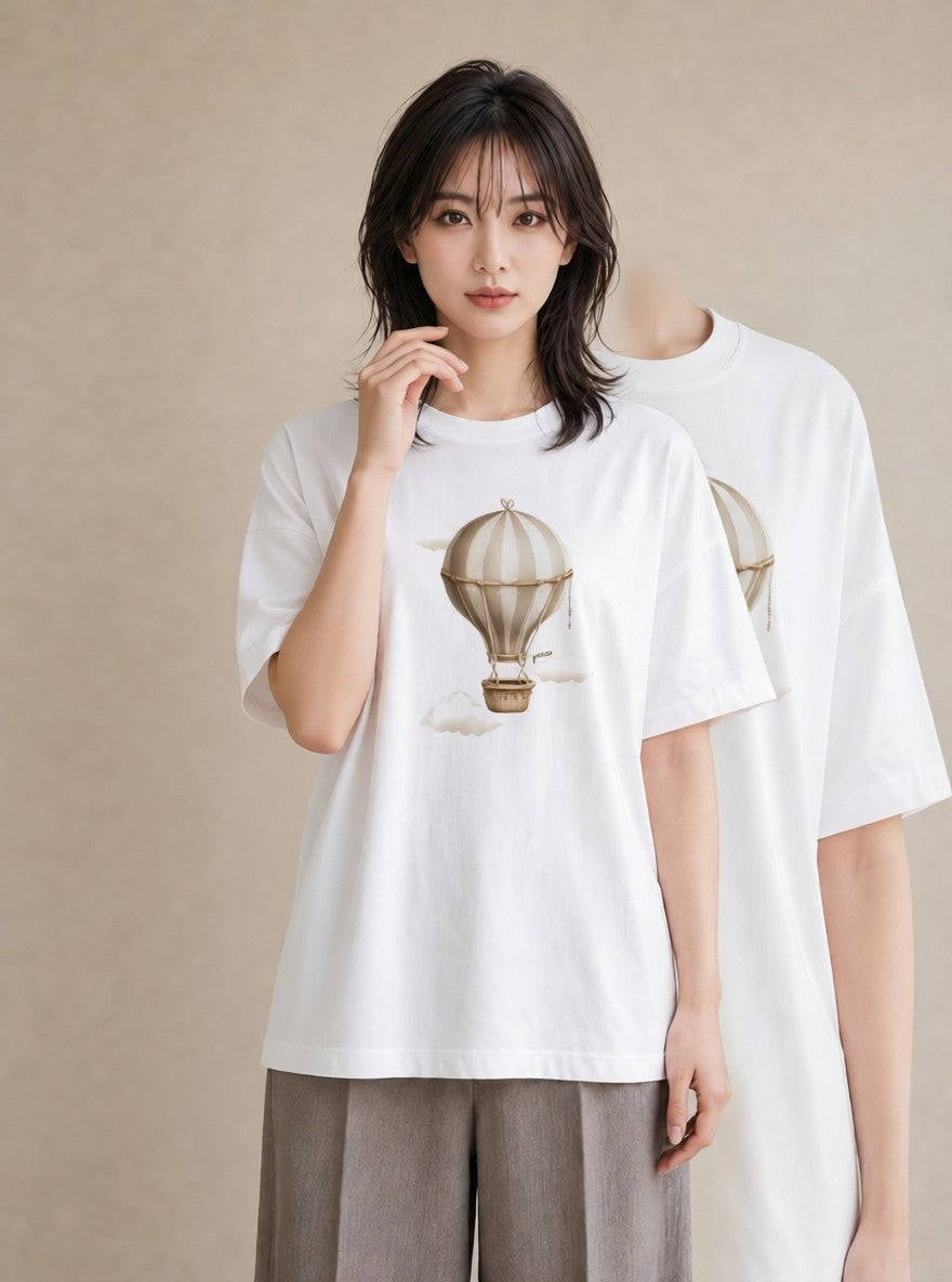 Tシャツ レディース 気球 星空 宇宙 イラスト 上品 母娘コーデ 自分用 白T YMAZO
