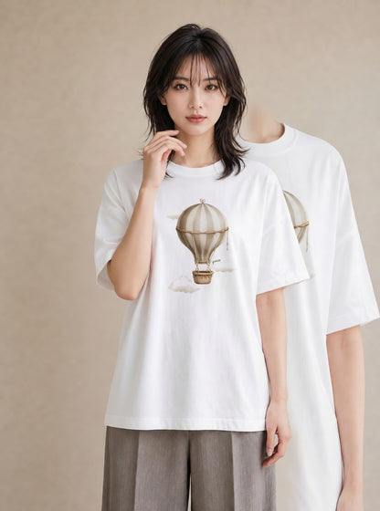 Tシャツ レディース 気球 星空 宇宙 イラスト 上品 母娘コーデ 自分用 白T YMAZO