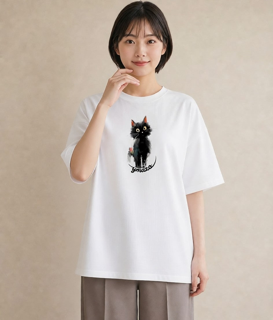 グラフィックTシャツ レディース おすわり猫 猫 ねこ イラスト 線画 ペアコーデ 秋コーデ 白T YMAZO