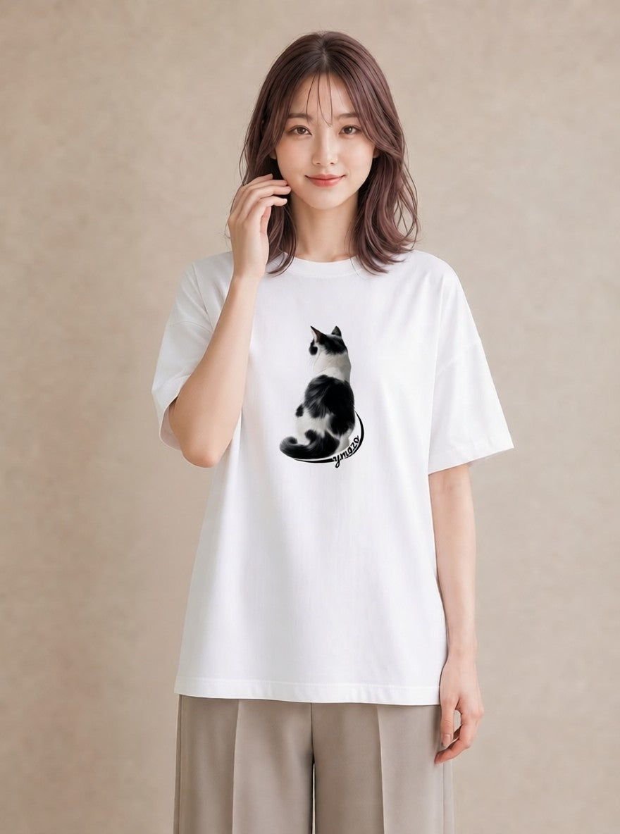 Tシャツ レディース サビ猫 猫 ねこ イラスト アート風 買い物 夏コーデ 白T YMAZO