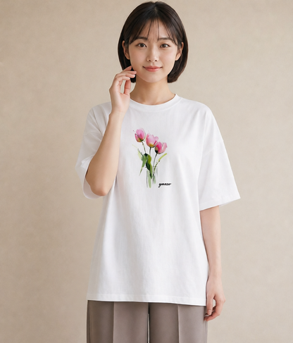 デザインTシャツ レディース チューリップ 花 花柄 イラスト 春コーデ 姉妹 白T YMAZO