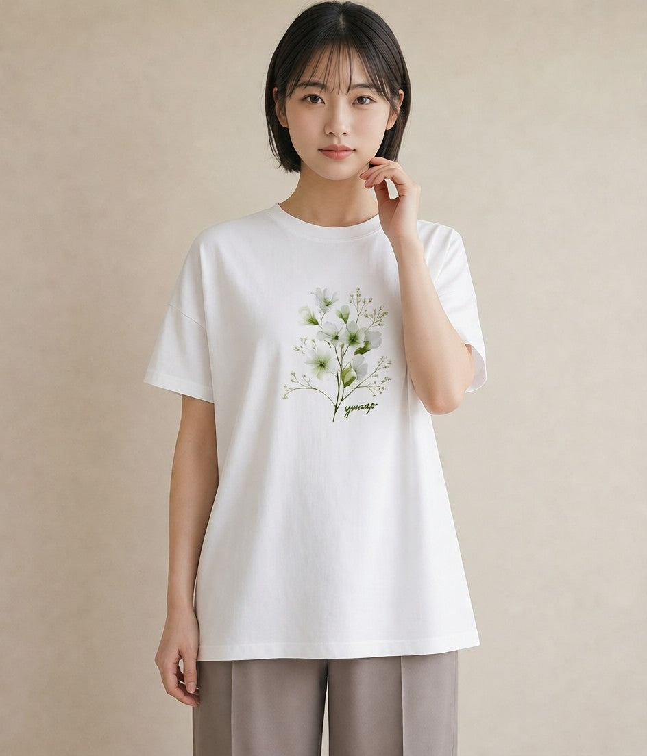 グラフィックTシャツ レディース カスミソウ かすみ草 花 花柄 イラスト 手描き風 お出かけ 普段着 白T YMAZO