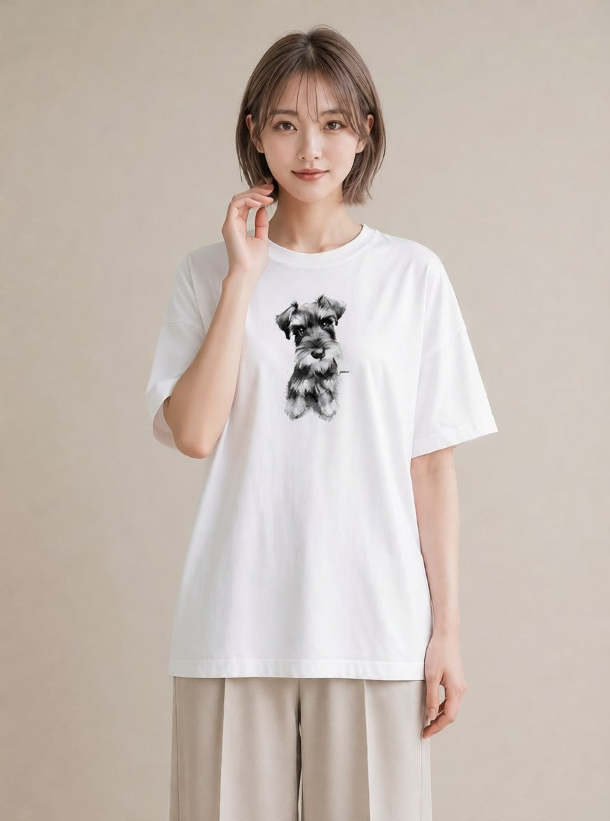 デザインTシャツ レディース ミニチュアシュナウザー 犬 いぬ イラスト カジュアル 社会人 女性 白T YMAZO