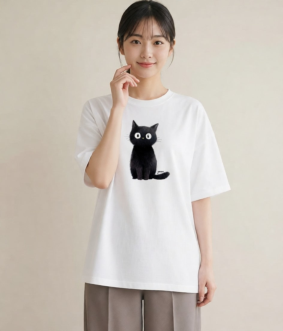 Tシャツ レディース 黒猫 猫 ねこ イラスト 旅行コーデ 海 カフェ巡り 白T YMAZO