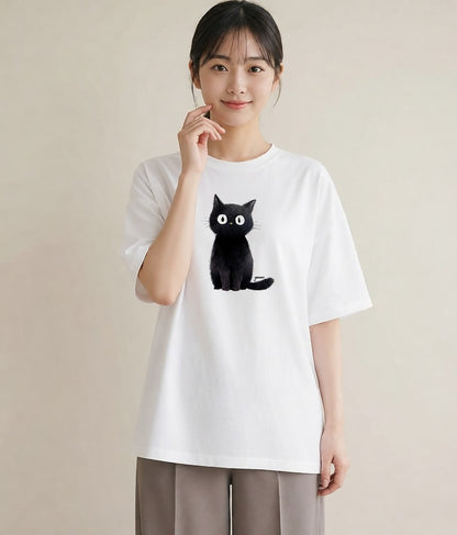 Tシャツ レディース 黒猫 猫 ねこ イラスト 旅行コーデ 海 カフェ巡り 白T YMAZO