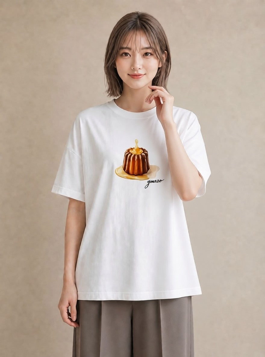 半袖Tシャツ レディース プリン 食べ物 フード イラスト シック 帰省 ラフ 白T YMAZO