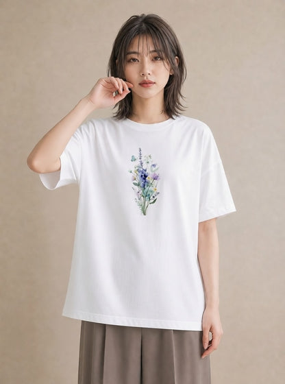 プリントTシャツ レディース ポスト 野の花 レトロ ナチュラル アンティーク イラスト ユニーク 女性向けギフト 散歩 白T YMAZO