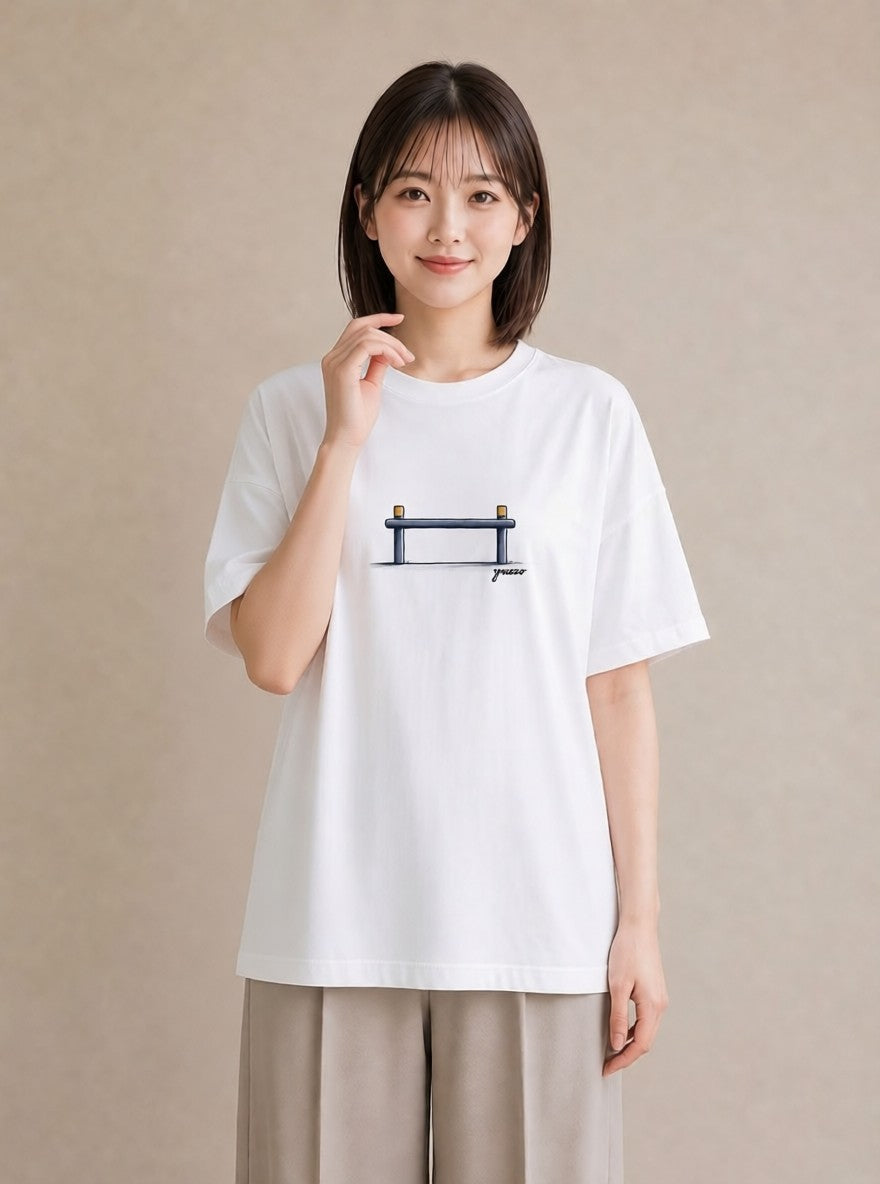 Tシャツ レディース 小川 橋 せせらぎ ナチュラル アンティーク イラスト ポップ ラフ レイヤード 白T YMAZO