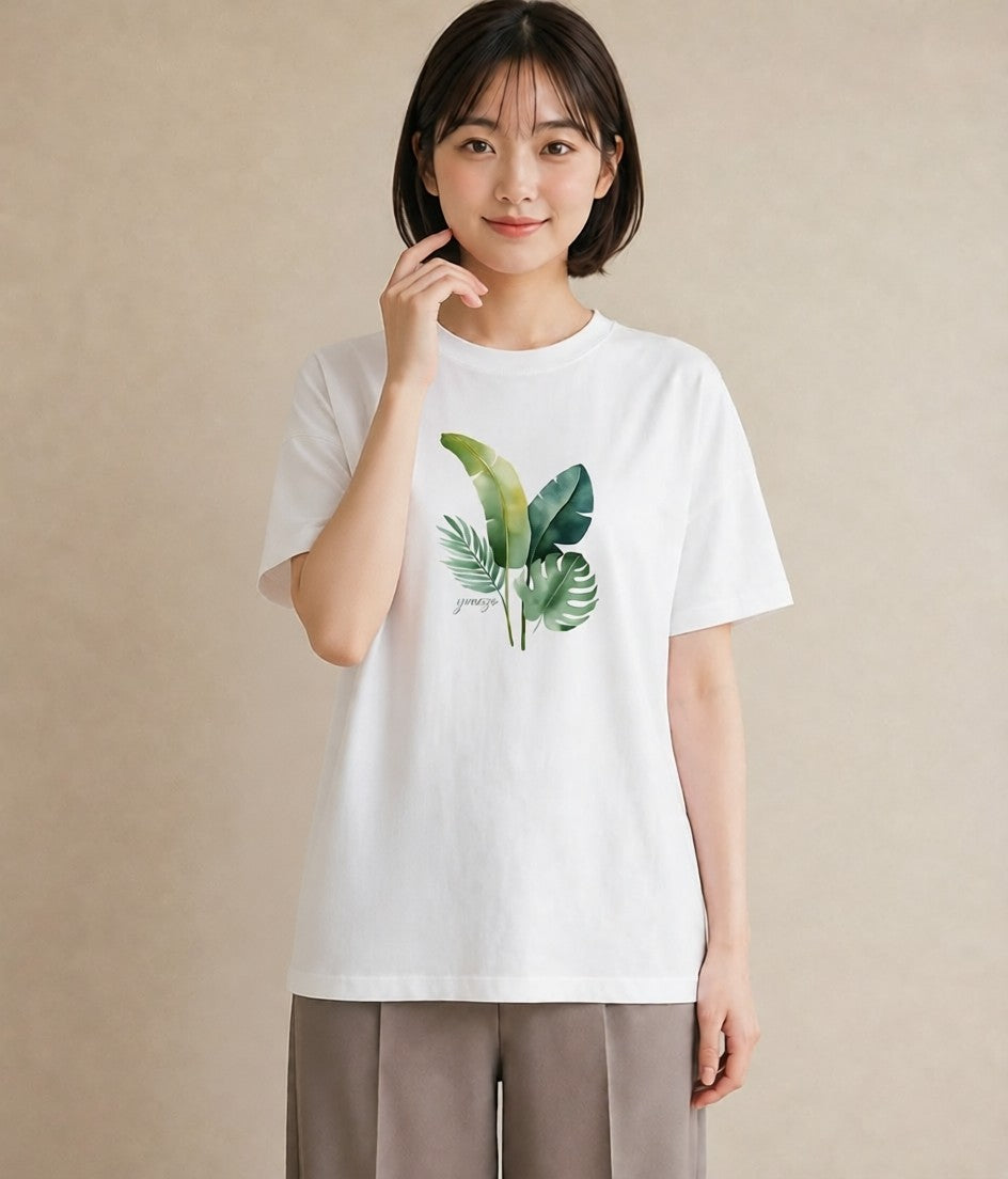 Tシャツ レディース モンステラ 植物 ボタニカル イラスト ラフカジュアル 春服 ミセス 白T YMAZO