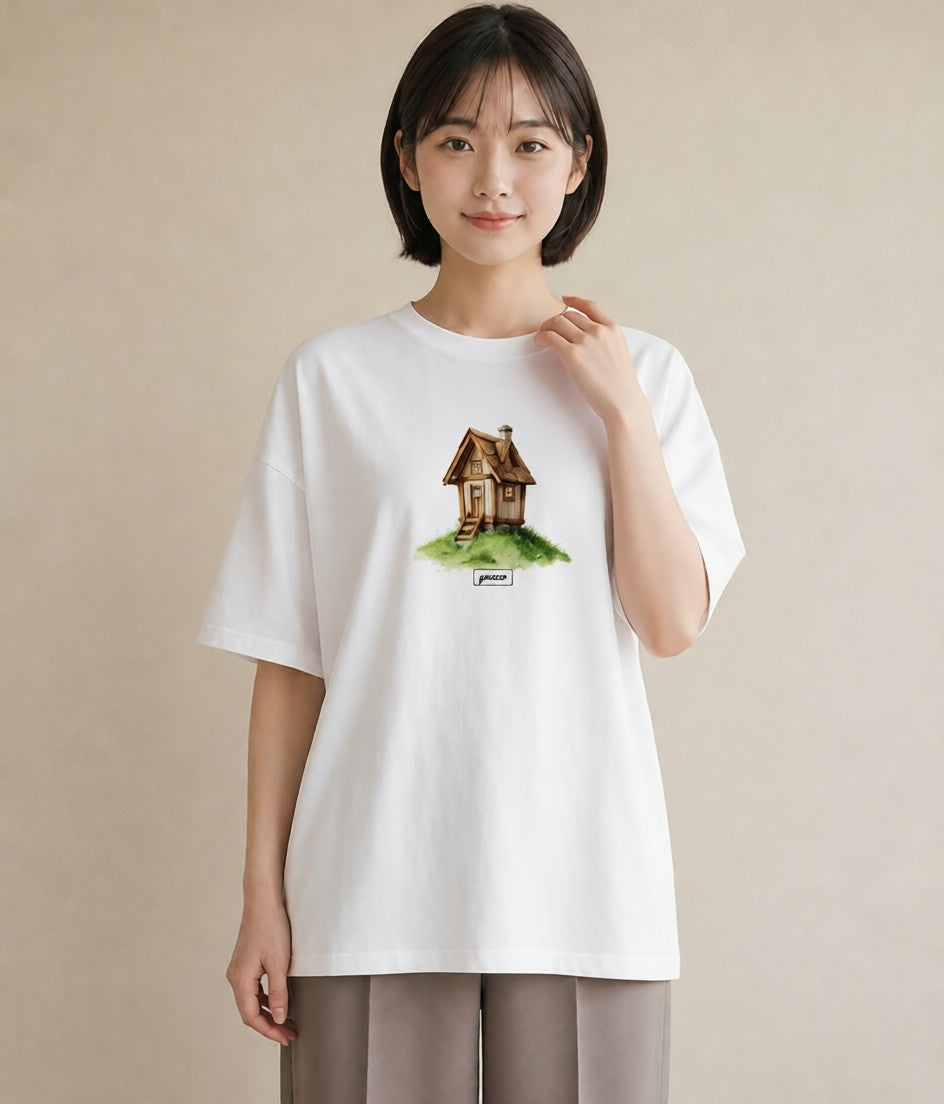 半袖Tシャツ レディース 灯りの家 小屋 夜 ナチュラル アンティーク イラスト ニュアンス 母の日 ビーチ 白T YMAZO