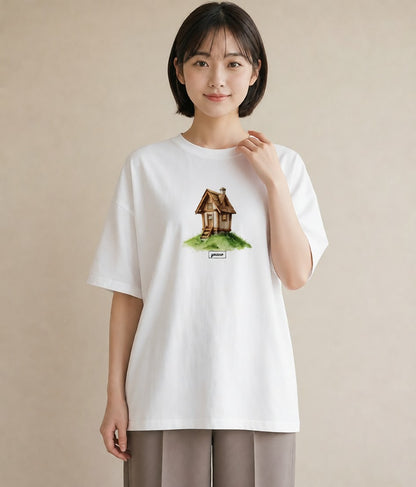 半袖Tシャツ レディース 灯りの家 小屋 夜 ナチュラル アンティーク イラスト ニュアンス 母の日 ビーチ 白T YMAZO