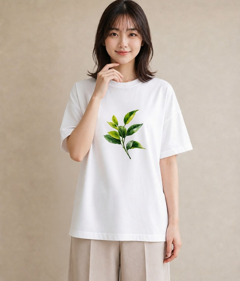 半袖Tシャツ レディース 葉っぱ 植物 ボタニカル イラスト 水彩風 秋コーデ おしゃれギフト 白T YMAZO