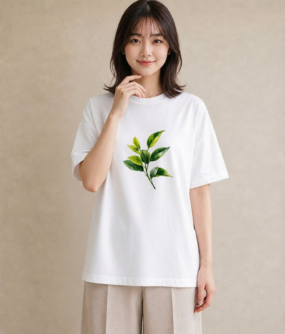 半袖Tシャツ レディース 葉っぱ 植物 ボタニカル イラスト 水彩風 秋コーデ おしゃれギフト 白T YMAZO