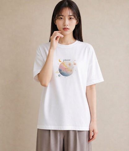 半袖Tシャツ レディース オーロラ 星空 宇宙 イラスト 個性的 女性向けギフト 散歩 白T YMAZO
