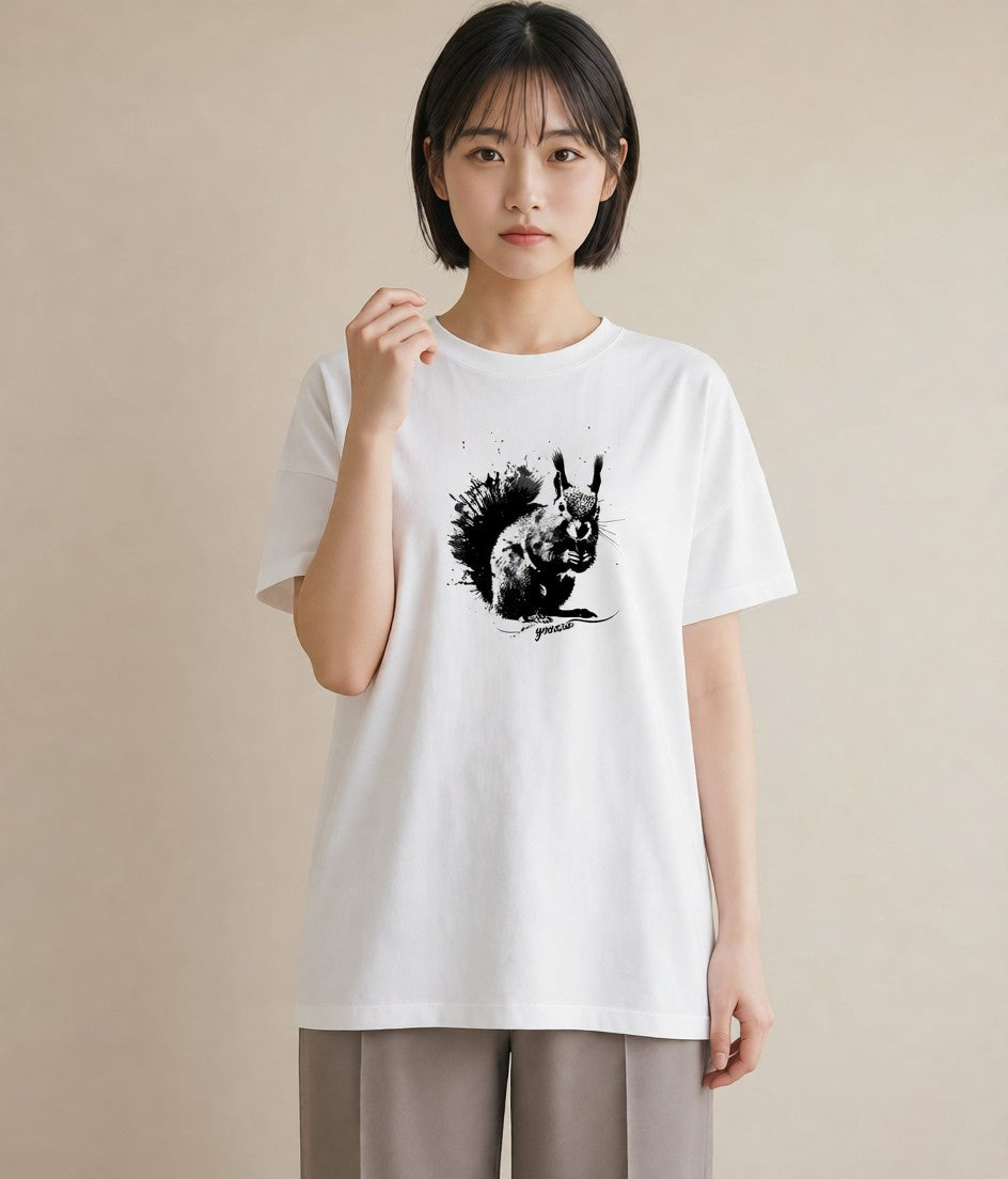 グラフィックTシャツ レディース リス ペット 動物 イラスト レトロ 女性向けギフト 散歩 白T YMAZO