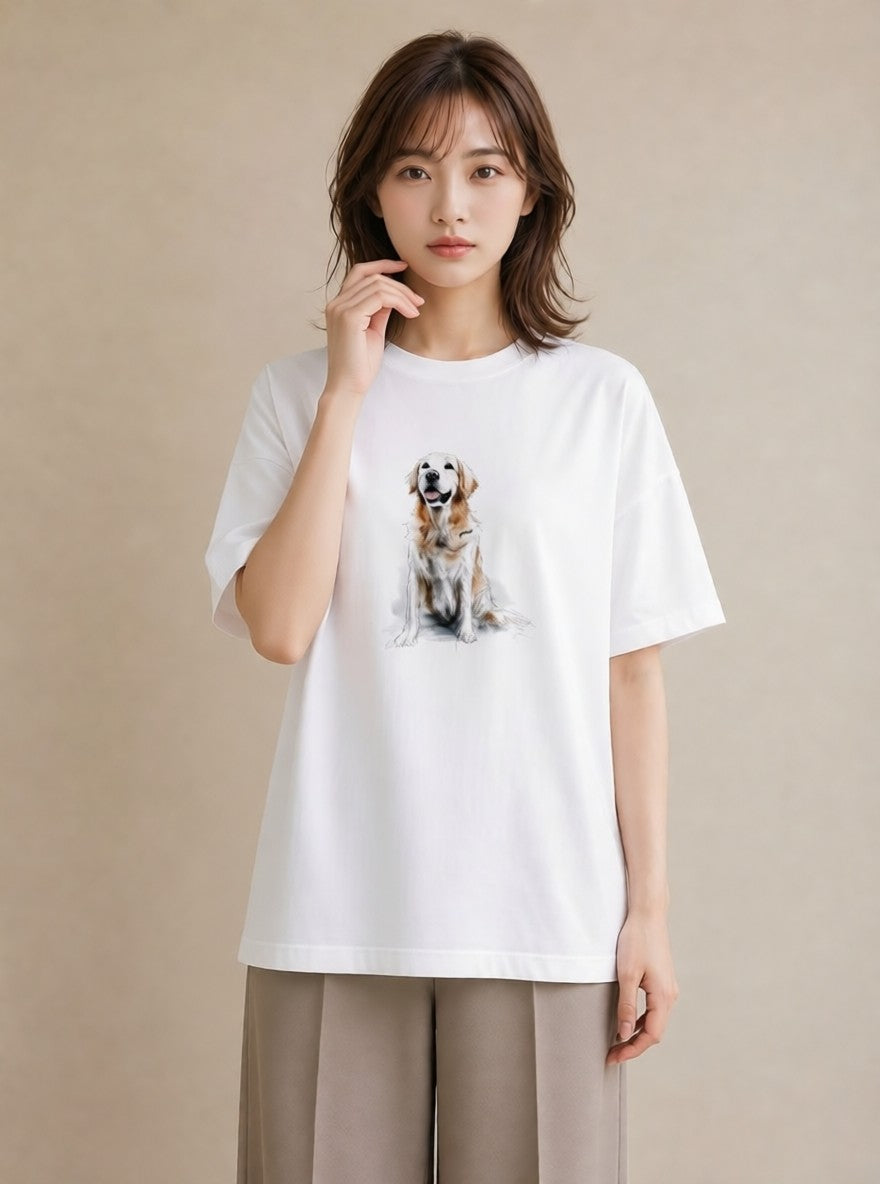 プリントTシャツ レディース ゴールデンレトリバー ゴールデン 犬 いぬ イラスト ガーリー 親子 20代 白T YMAZO