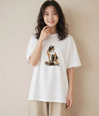 Tシャツ レディース おすわり猫 猫 ねこ イラスト カジュアル 公園 ママ 白T YMAZO