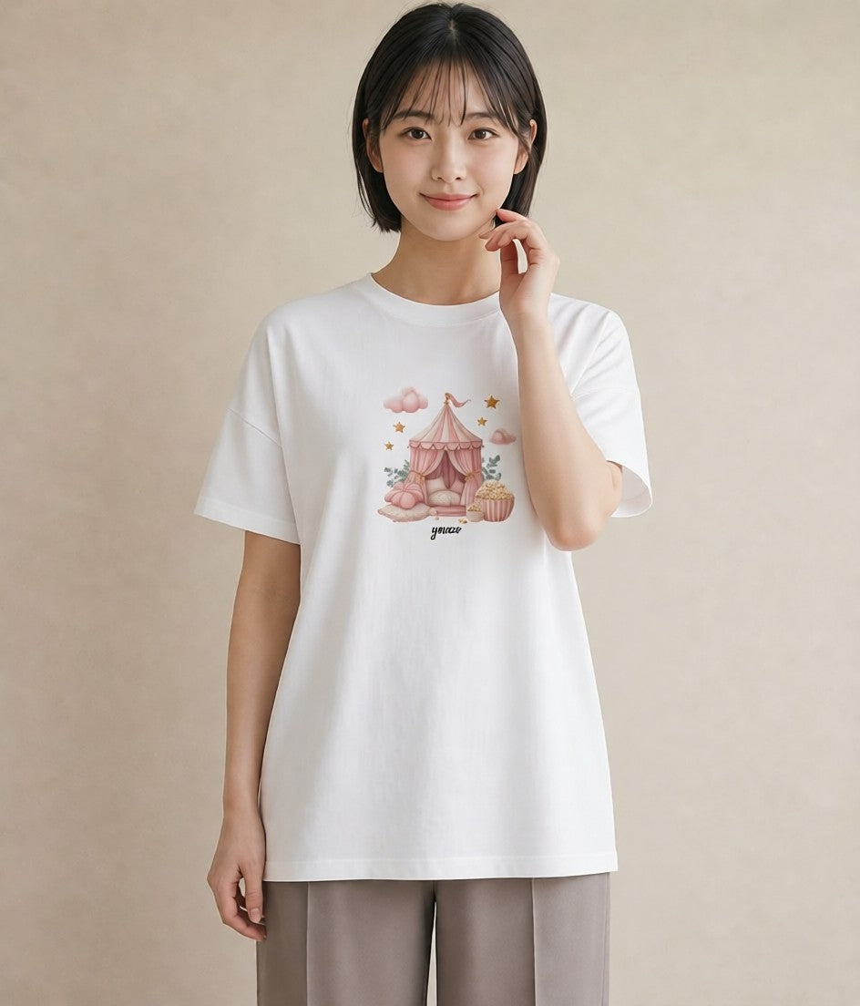 半袖Tシャツ レディース ポップコーン 食べ物 フード イラスト 旅行コーデ 社会人 女性 白T YMAZO