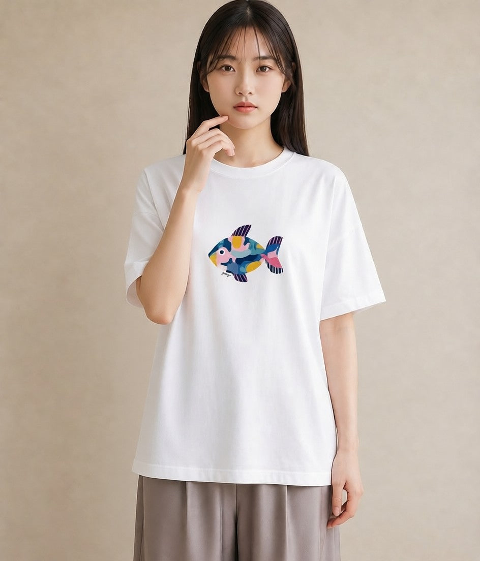 半袖Tシャツ レディース 熱帯魚 海の生き物 海 イラスト レトロ 女性 旅行用 白T YMAZO