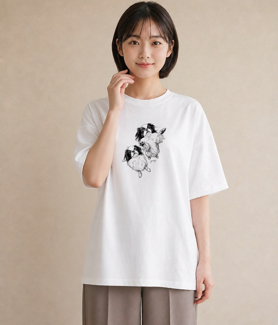 プリントTシャツ レディース 狆 犬 いぬ イラスト きれいめ 買い物 夏コーデ 白T YMAZO