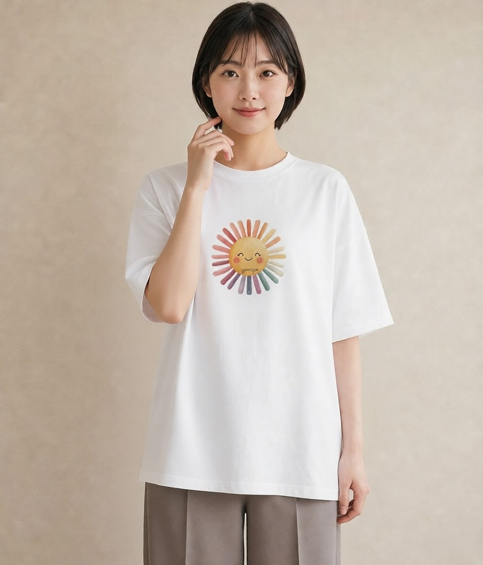 半袖Tシャツ レディース 太陽 星空 宇宙 イラスト 韓国風 カフェ服 クリスマス 白T YMAZO
