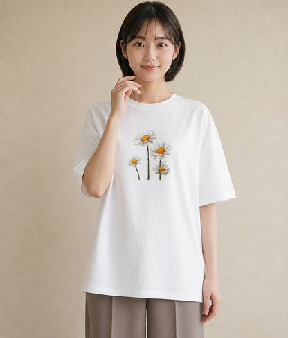 半袖Tシャツ レディース マーガレット 花 花柄 イラスト 淡色 帰省 ラフ 白T