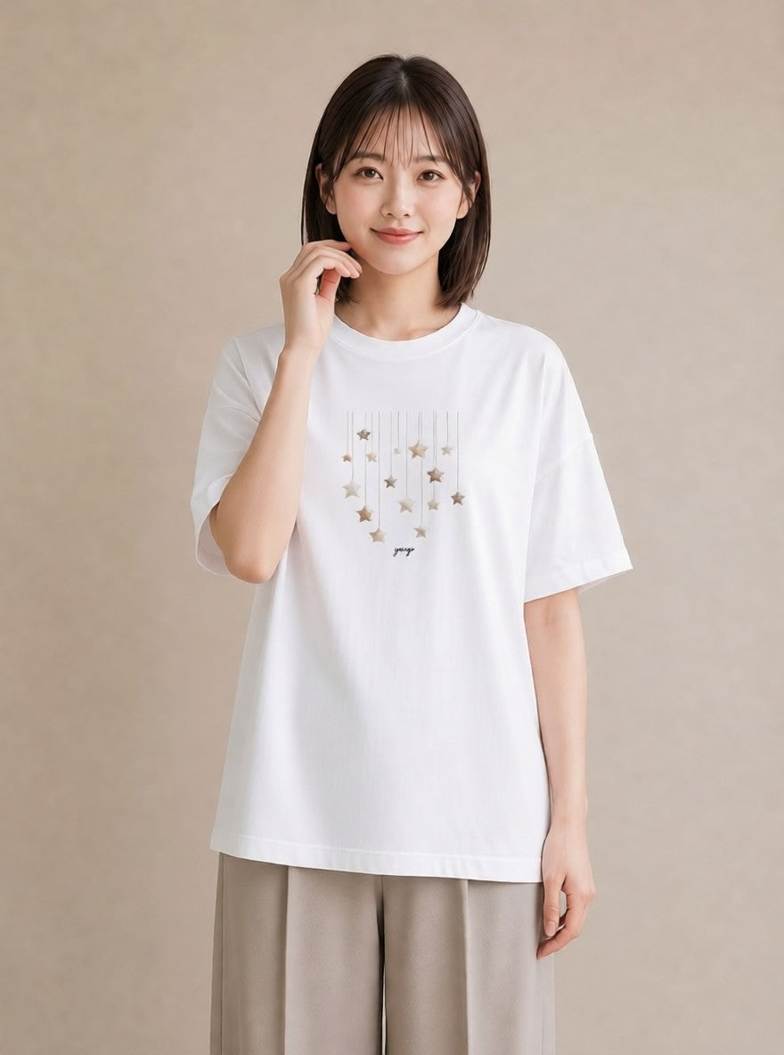 プリントTシャツ レディース スター 星空 宇宙 イラスト カジュアル 帰省 ラフ 白T YMAZO