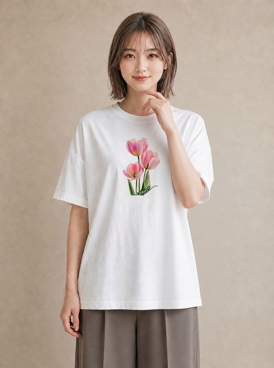 半袖Tシャツ レディース チューリップ 花 花柄 イラスト こなれ感 クリスマス 旅行 白T YMAZO