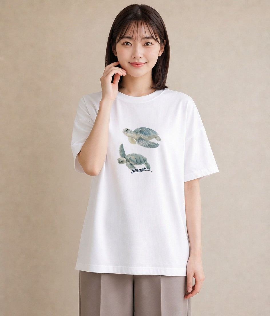 半袖Tシャツ レディース ゼニガメ ペット 動物 イラスト 親子 20代 白T YMAZO