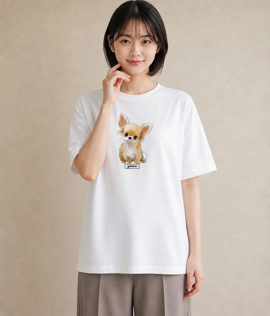 Tシャツ レディース ロングコートチワワ 犬 いぬ イラスト モード 誕生日プレゼント 綿100 白T YMAZO