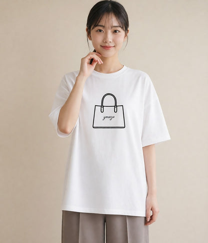 プリントTシャツ レディース パールピアス アクセサリー ナチュラル アンティーク イラスト ヴィンテージ風 ミセス 春コーデ 白T YMAZO