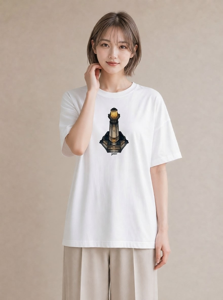 デザインTシャツ レディース 灯台 霧 海 ナチュラル アンティーク イラスト 抜け感 通学 誕生日プレゼント 白T YMAZO
