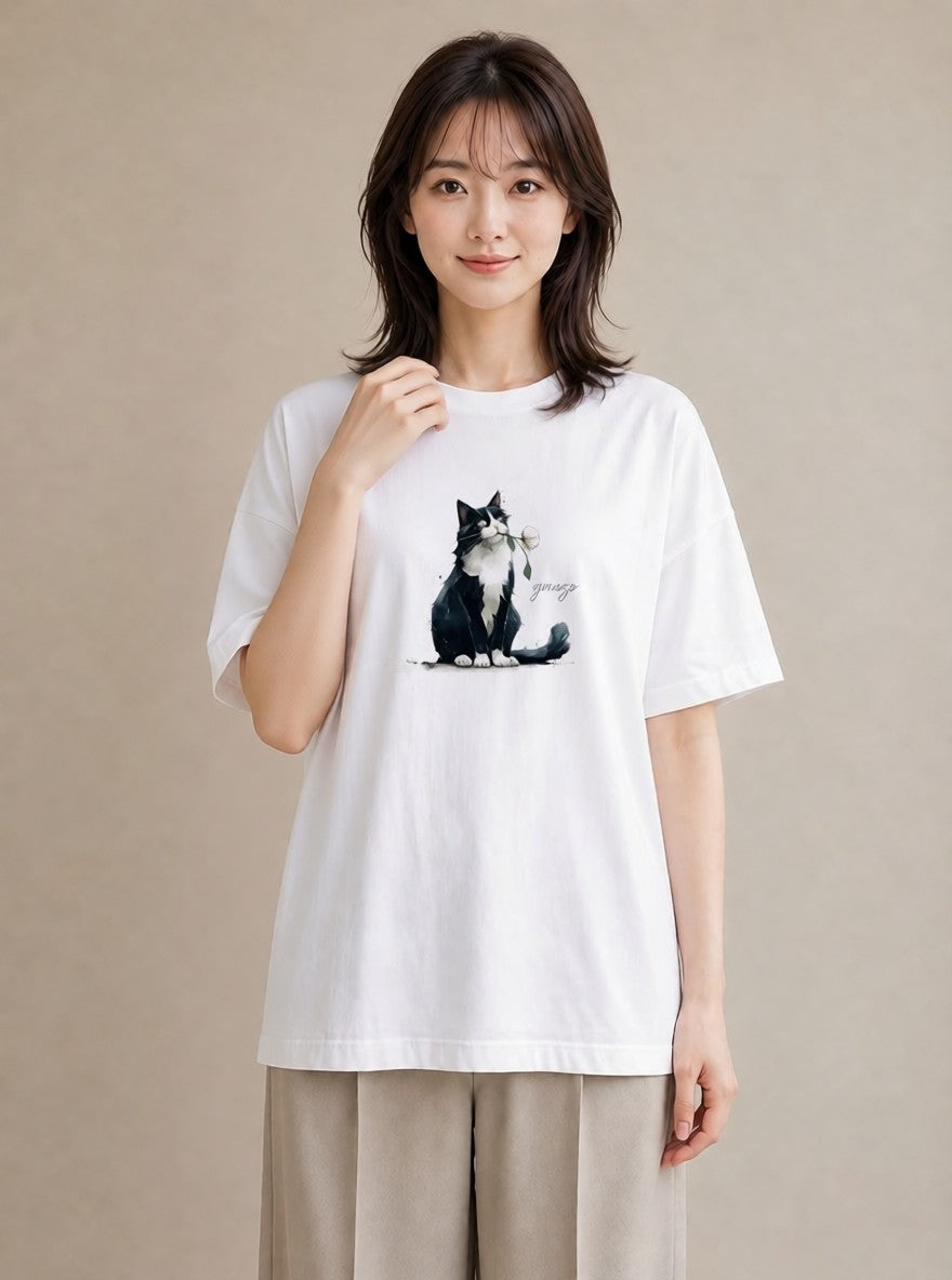 半袖Tシャツ レディース ハチワレ 白黒猫 猫 ねこ イラスト 手描き風 春服 ミセス 白T YMAZO