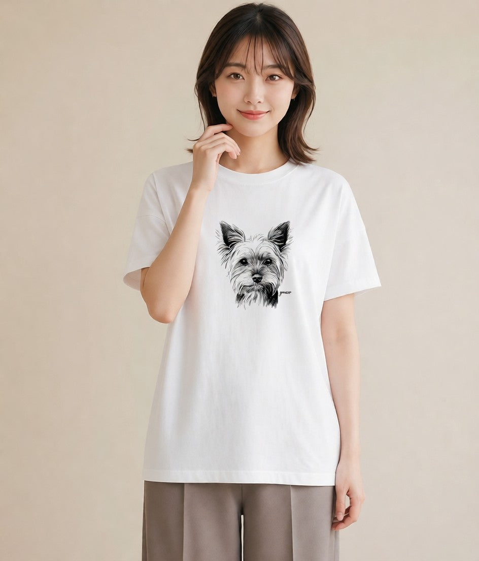プリントTシャツ レディース ヨークシャーテリア 犬 いぬ イラスト ゆるかわ 誕生日プレゼント 綿100 白T YMAZO