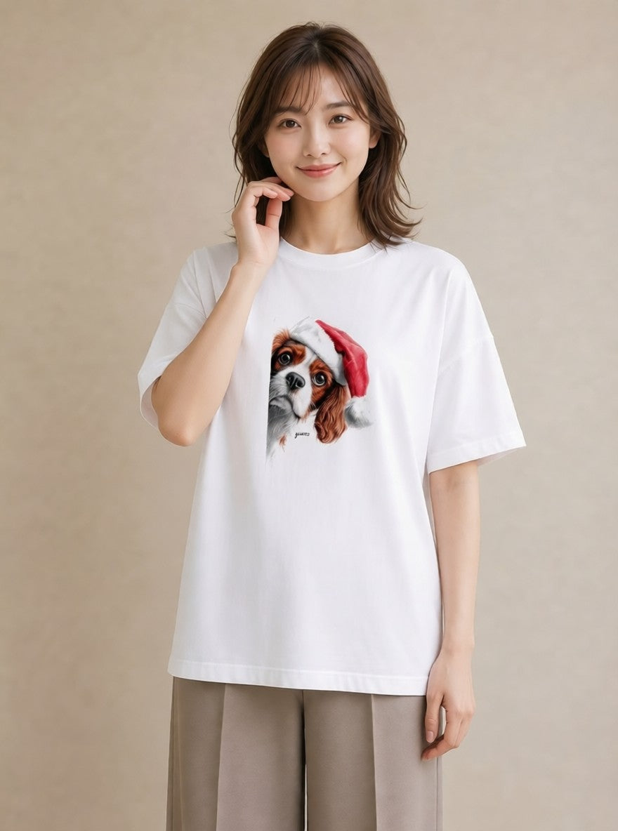 半袖Tシャツ レディース キャバリア 犬 いぬ イラスト 上品 ママ カフェ服 白T YMAZO
