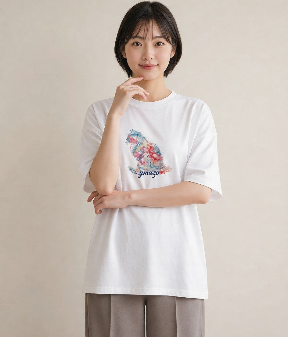 半袖Tシャツ レディース スフィンクス 猫 ねこ イラスト モード 在宅 公園 白T YMAZO