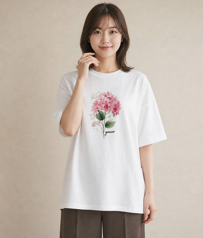半袖Tシャツ レディース あじさい 紫陽花 アジサイ 花 花柄 イラスト シック 夏コーデ 通学 白T YMAZO