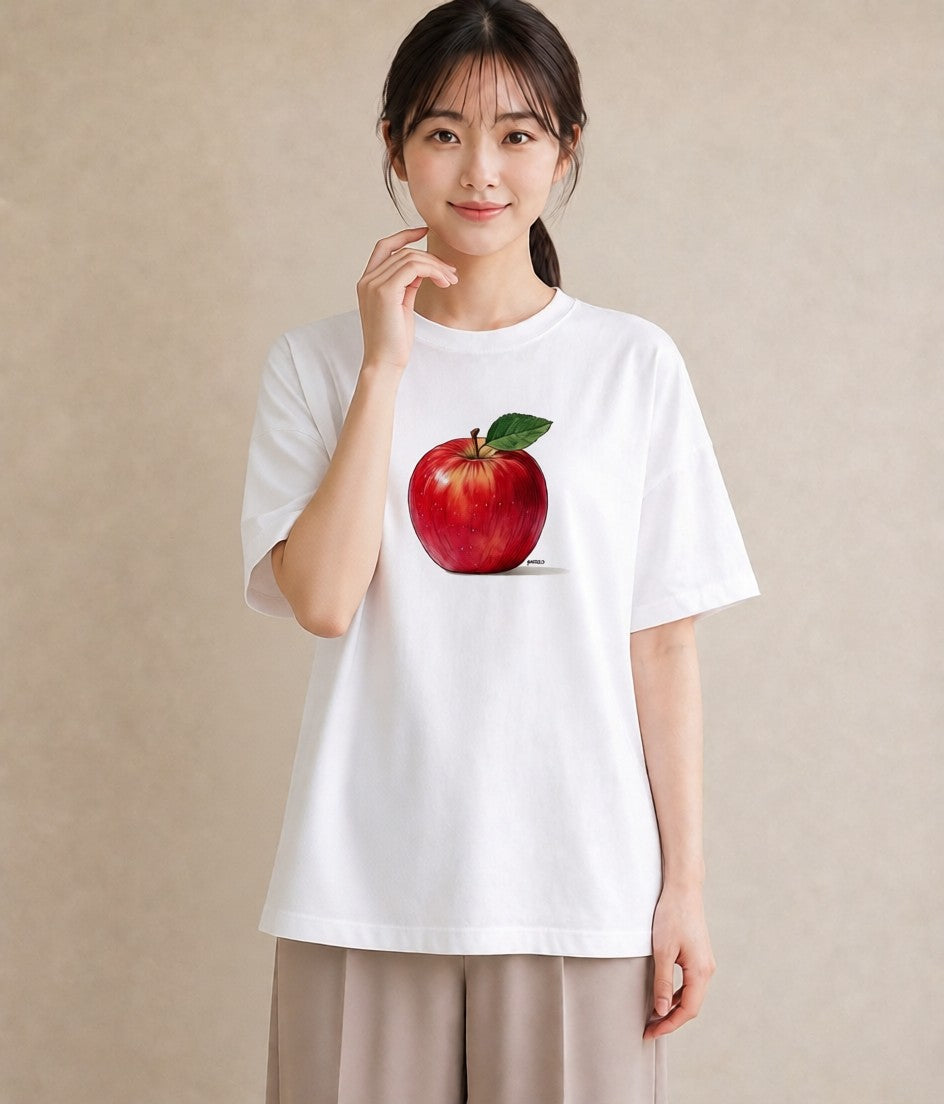 半袖Tシャツ レディース りんご 林檎 アップル 食べ物 フード イラスト レトロ カフェ服 クリスマス 白T YMAZO