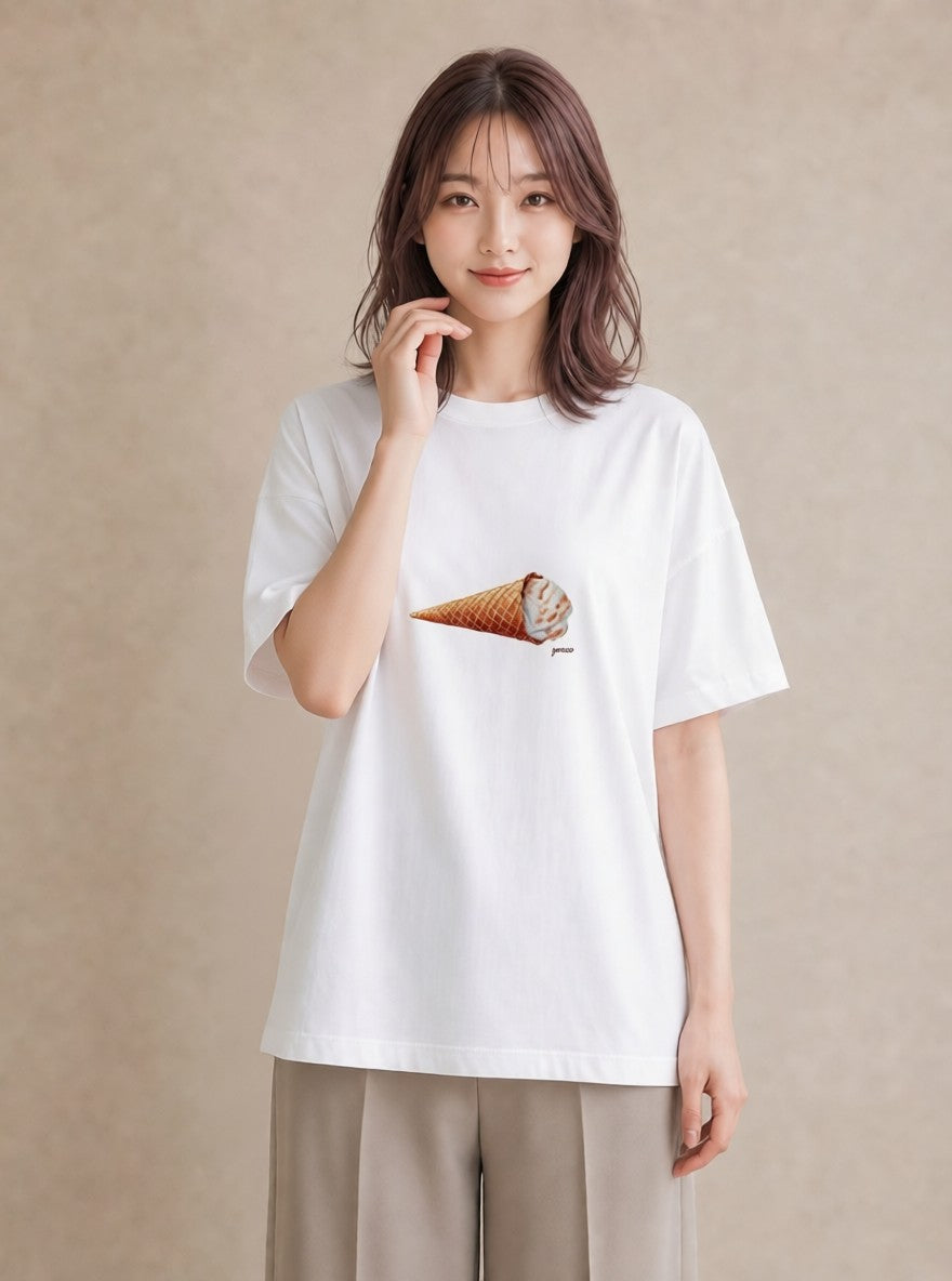 プリントTシャツ レディース アイス 食べ物 フード イラスト ゆるコーデ 春服 ミセス 白T YMAZO