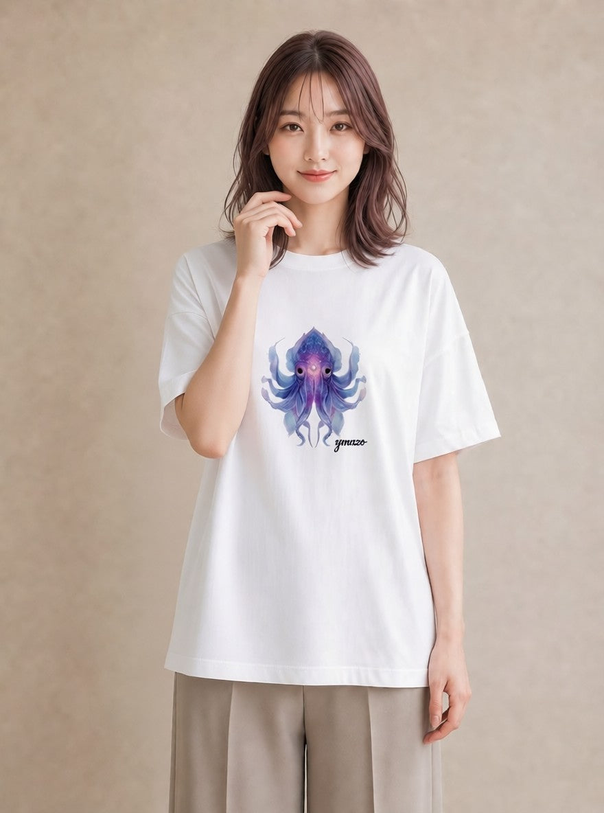 グラフィックTシャツ レディース タコ 海の生き物 海 イラスト ヴィンテージ風 ラフ レイヤード 白T YMAZO