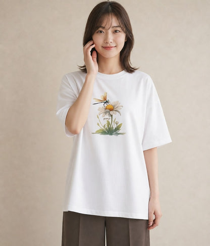 デザインTシャツ レディース とんぼ 昆虫 虫 イラスト きれいめ 公園 ママ 白T YMAZO