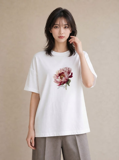 半袖Tシャツ レディース 牡丹 花 花柄 イラスト ゆるコーデ デイリーウェア 休日 白T